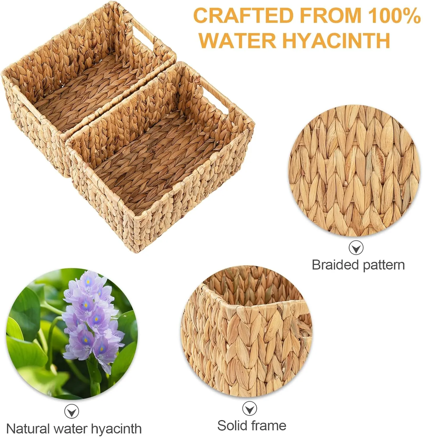 ELONG HOME Water Hyacinth Rectangular Wicker Baskets, 12" Wicker Basket 2 Pack, Woven Storage Baskets with Handles