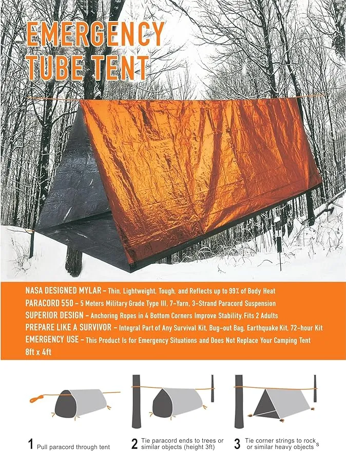Emergency Survival Tent Life Shelter 2 Person Mylar Tube Tents Tarp with Whistle & Paracord Year-Round All Weather Protection for Car Outdoor Hiking Camping Gear Equipment and First Aid Supplies