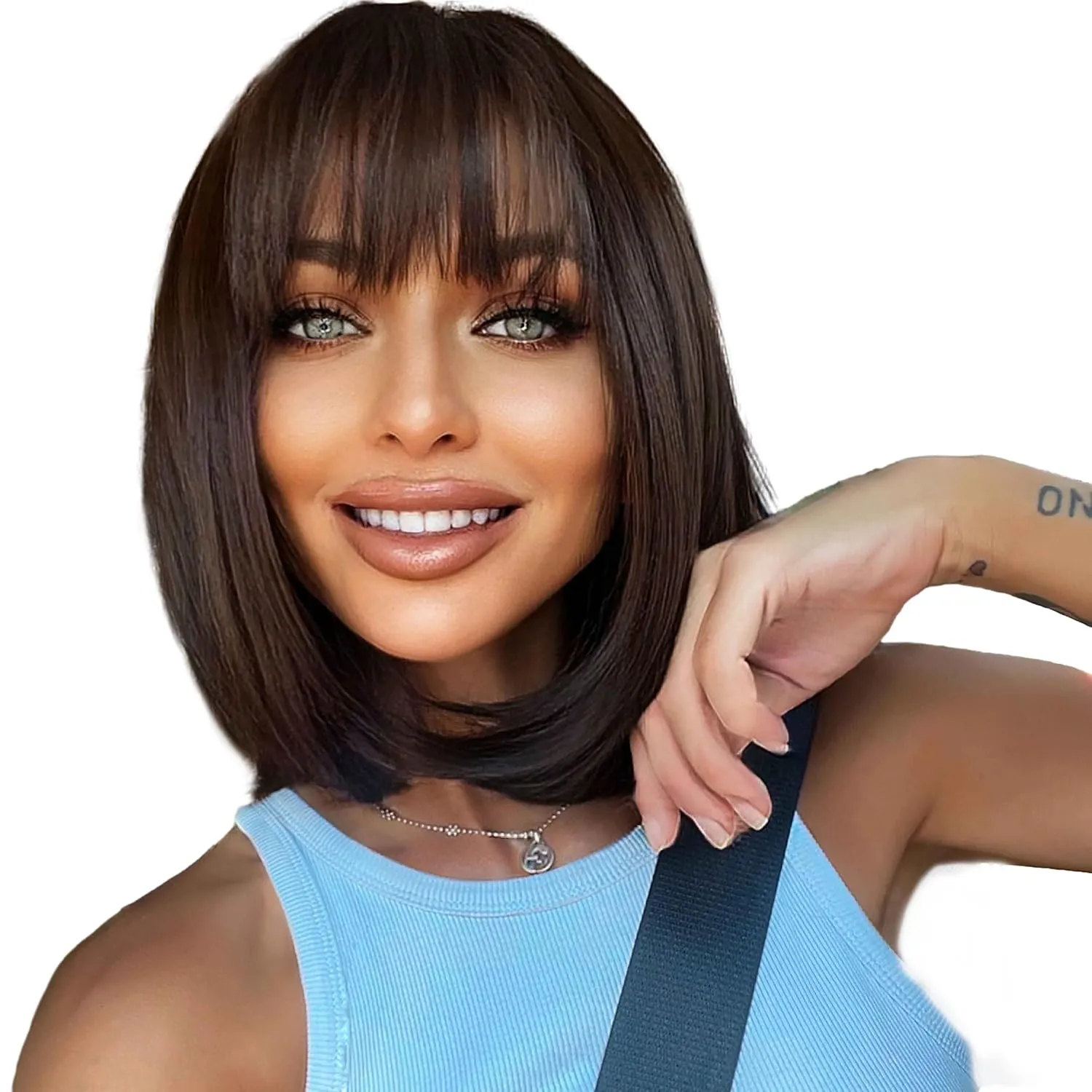 EMMOR Dark Brown Bob Wigs for Women Shoulder Length Synthetic Wig with Fringe Bangs High Heat Resistant Wig(Dark Brown)