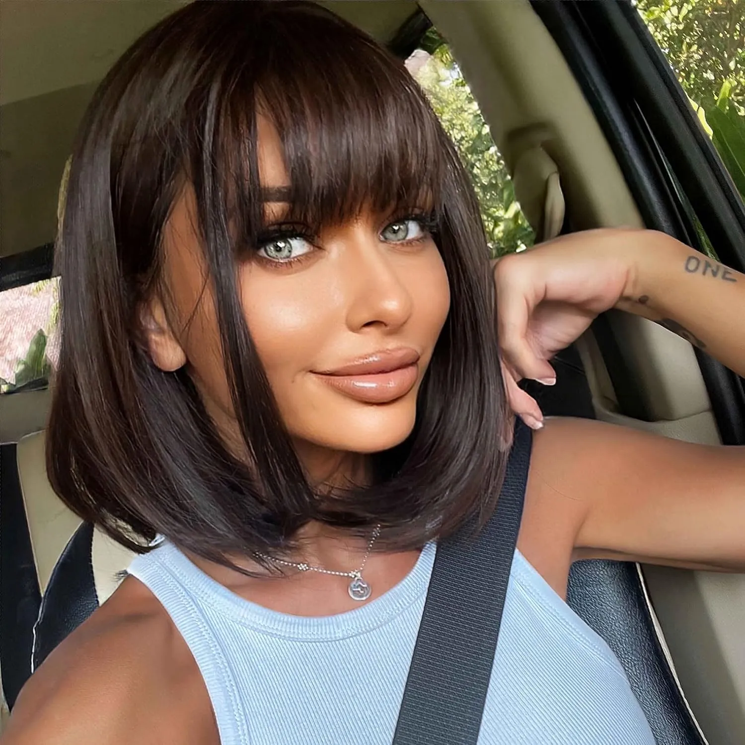 EMMOR Dark Brown Bob Wigs for Women Shoulder Length Synthetic Wig with Fringe Bangs High Heat Resistant Wig(Dark Brown)