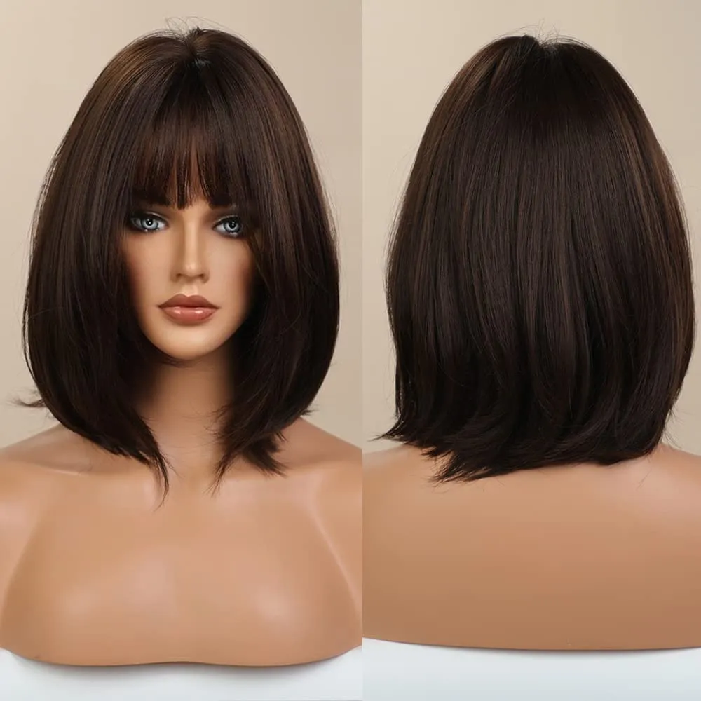 EMMOR Dark Brown Bob Wigs for Women Shoulder Length Synthetic Wig with Fringe Bangs High Heat Resistant Wig(Dark Brown)