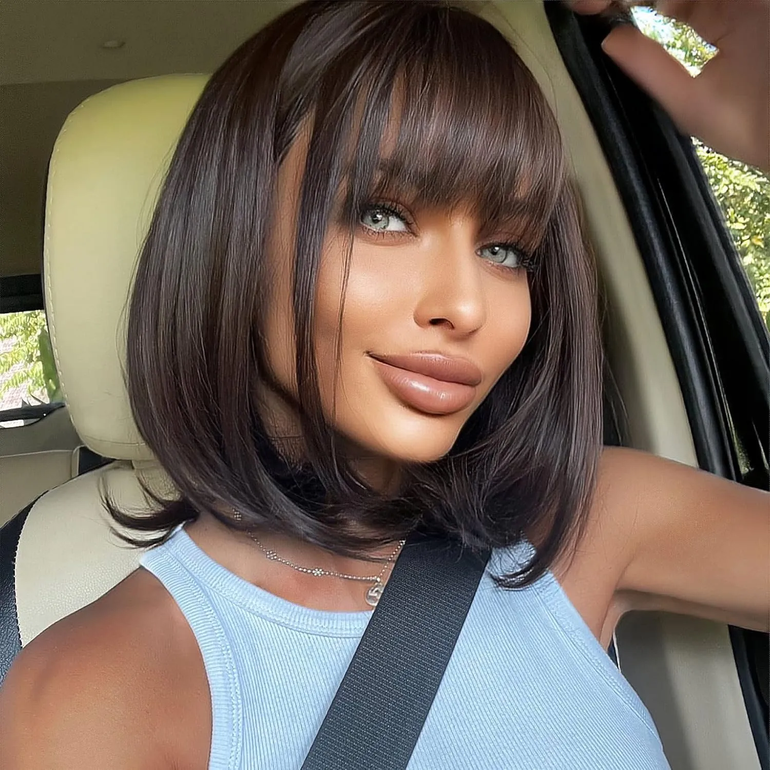 EMMOR Dark Brown Bob Wigs for Women Shoulder Length Synthetic Wig with Fringe Bangs High Heat Resistant Wig(Dark Brown)