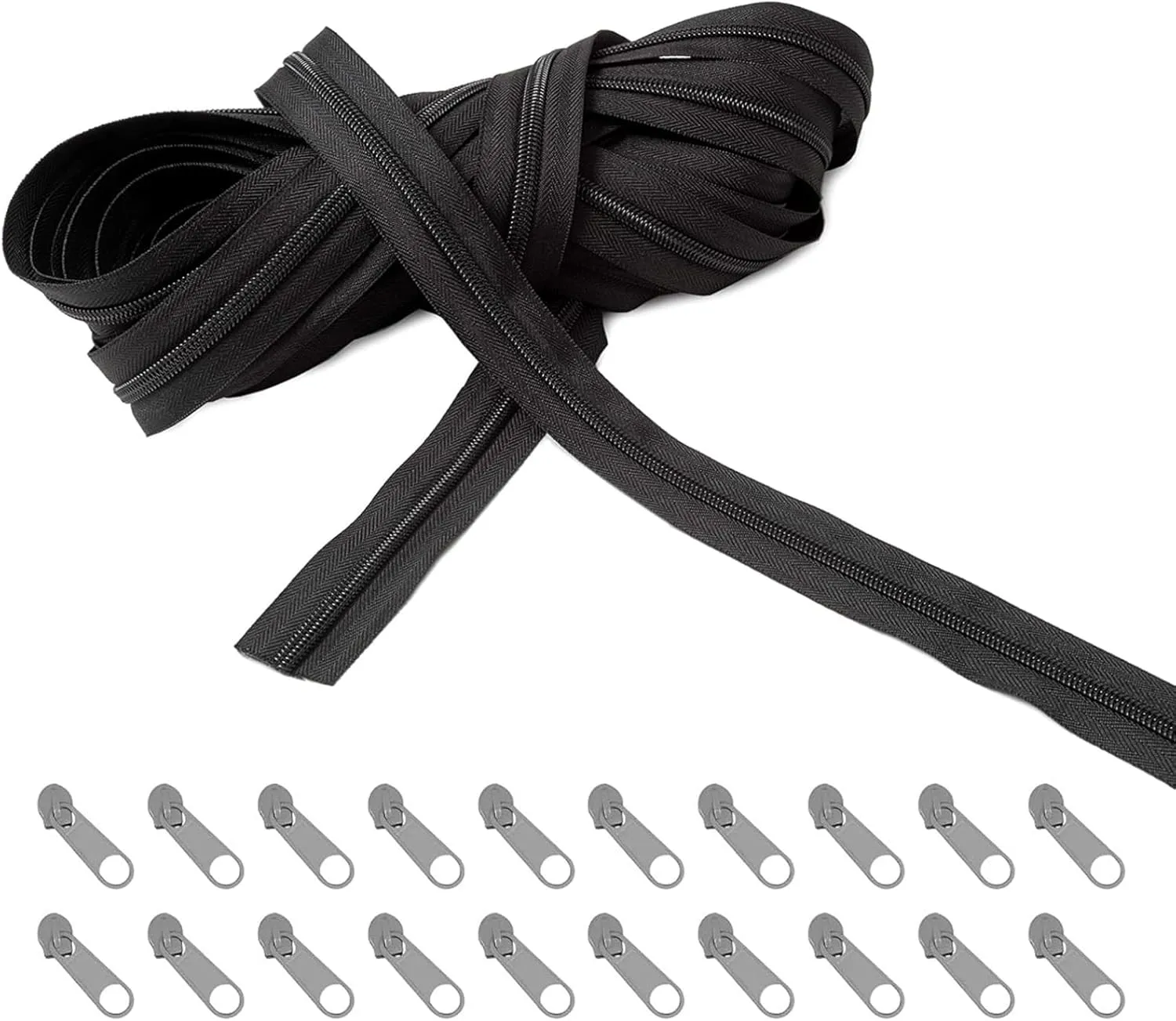Endless Zip Black with Zip, 5 mm 10 m Zip, with 20 Metal Sliders, Black Zips, Nylon Endless Zip, for Bags, Clothes, Bed Linen, Pillows, etc