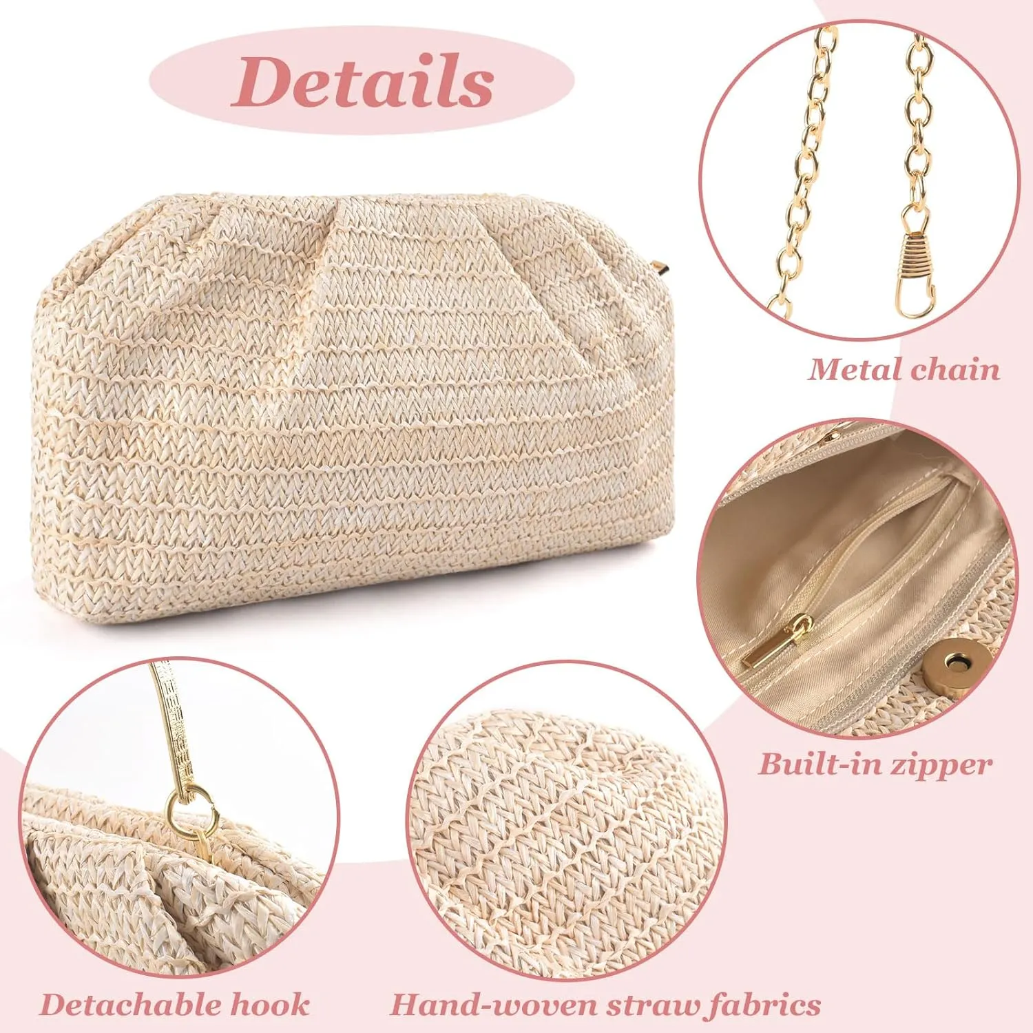 ERKOON Straw Clutch Purse Women, 2025 Summer Beach Crossbody Shoulder Handbag Boho Woven Envelope Cloud Dumpling Pouch Bag