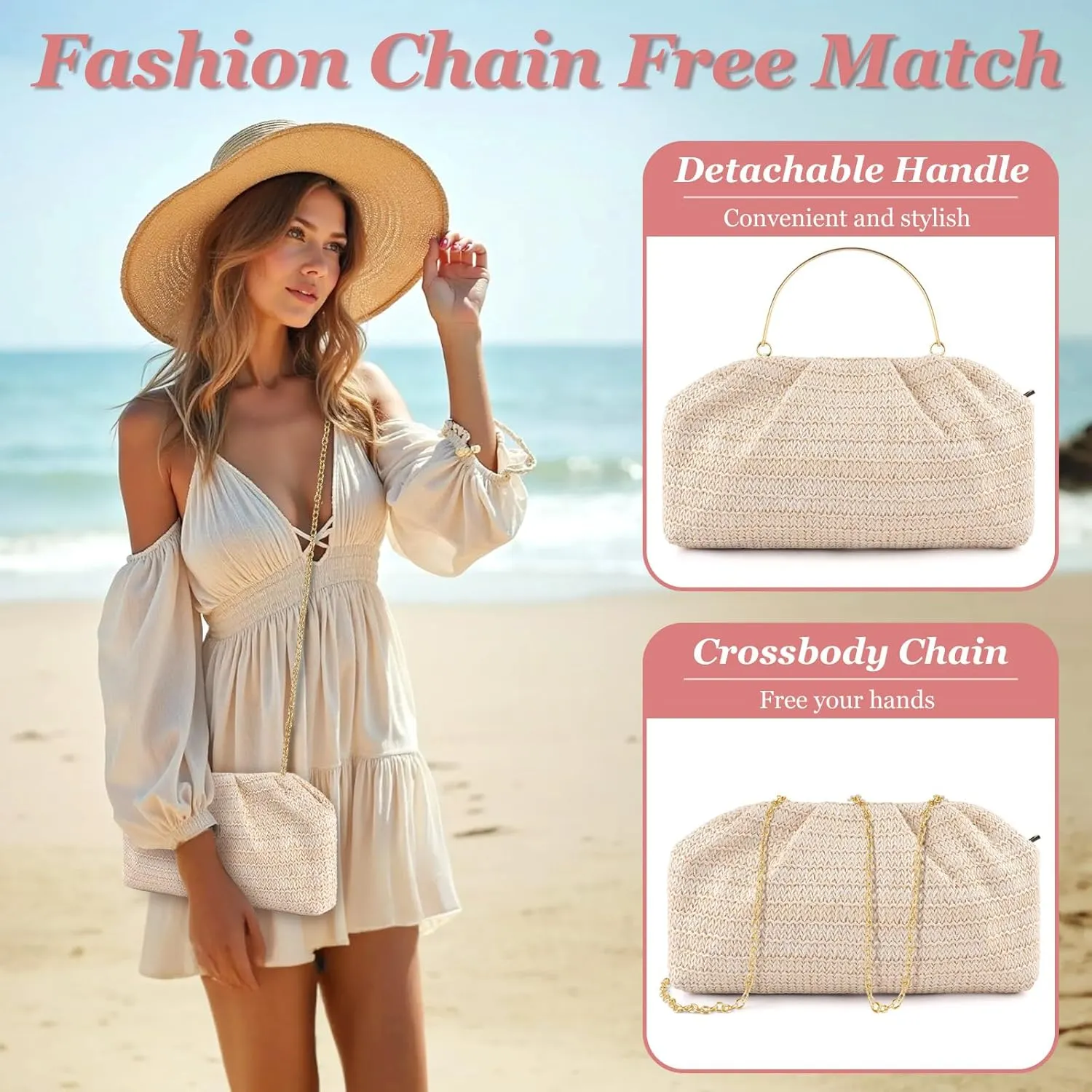 ERKOON Straw Clutch Purse Women, 2025 Summer Beach Crossbody Shoulder Handbag Boho Woven Envelope Cloud Dumpling Pouch Bag