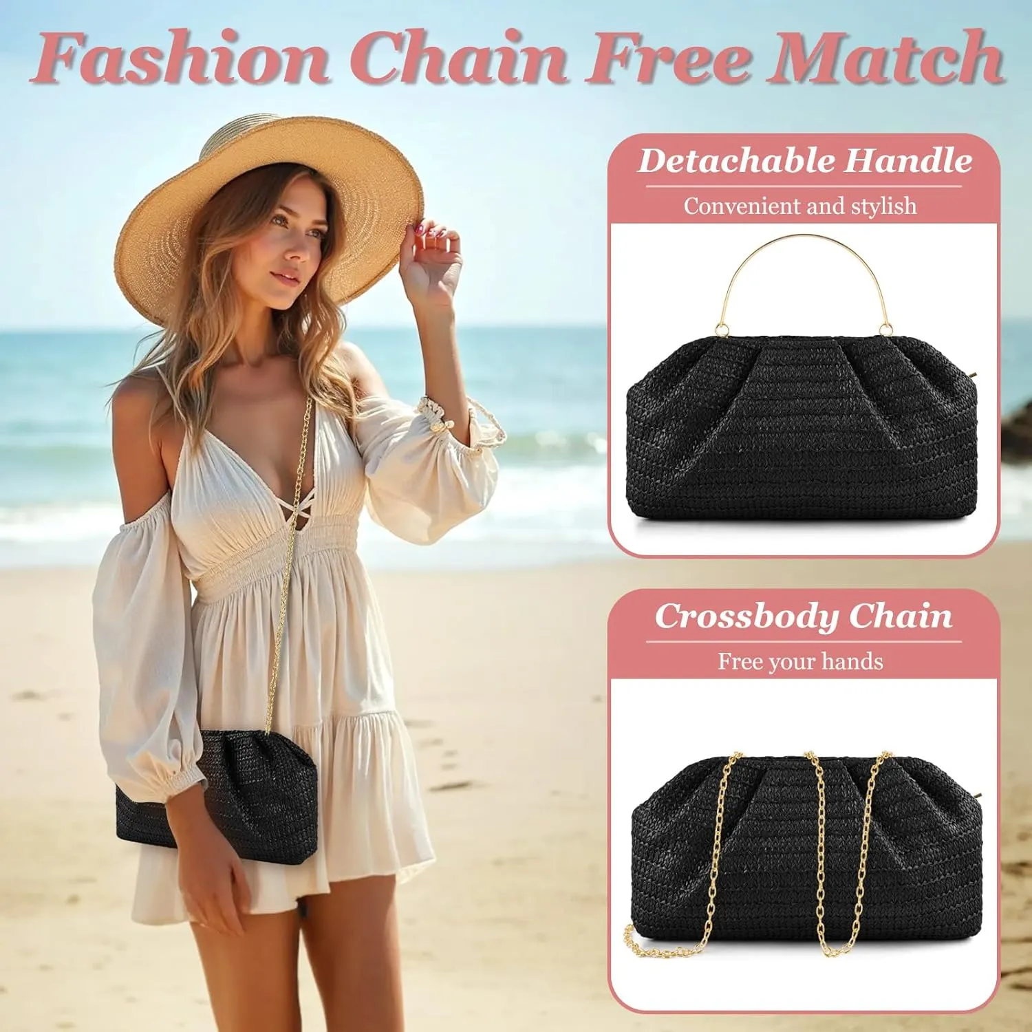 ERKOON Straw Clutch Purse Women, 2025 Summer Beach Crossbody Shoulder Handbag Boho Woven Envelope Cloud Dumpling Pouch Bag
