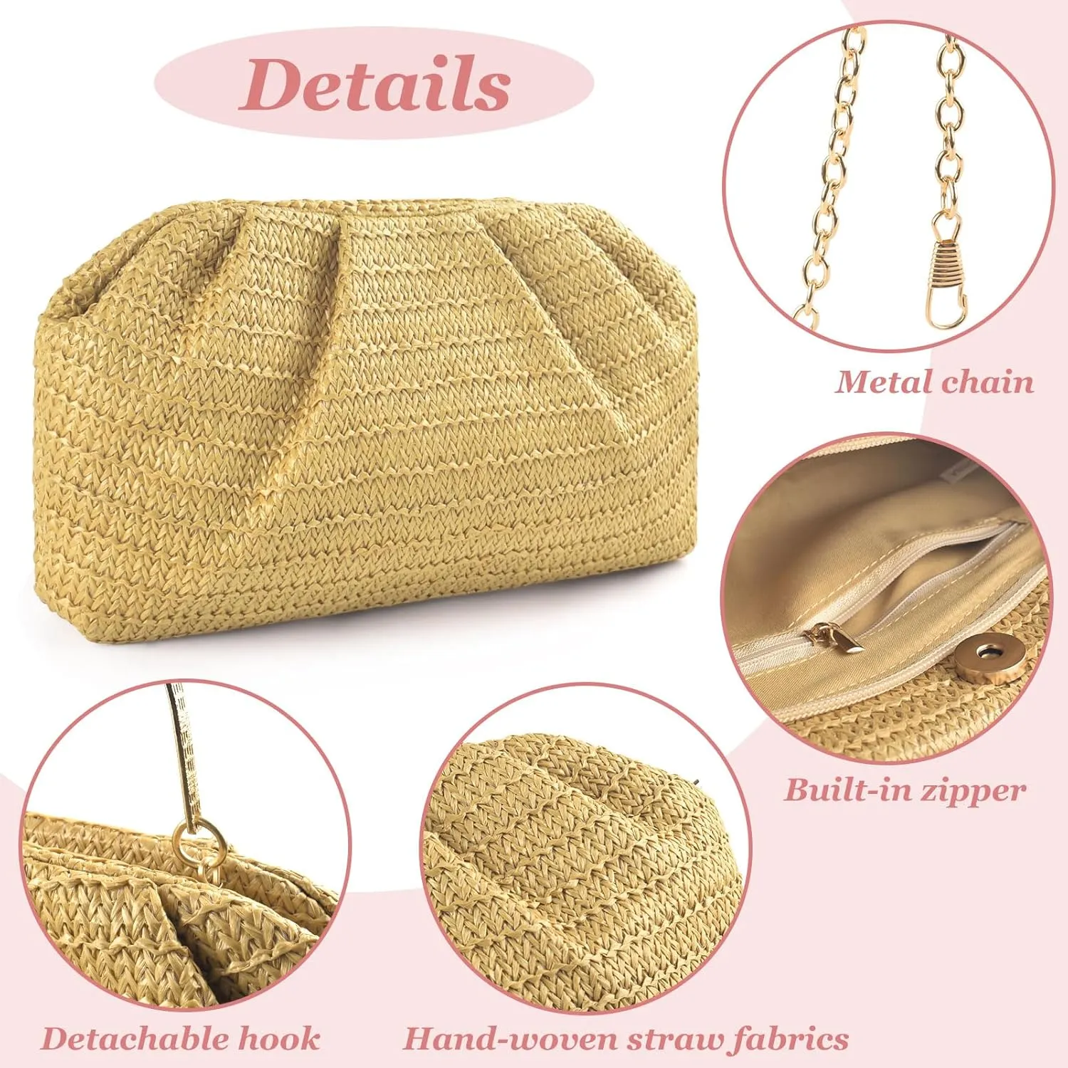 ERKOON Straw Clutch Purse Women, 2025 Summer Beach Crossbody Shoulder Handbag Boho Woven Envelope Cloud Dumpling Pouch Bag
