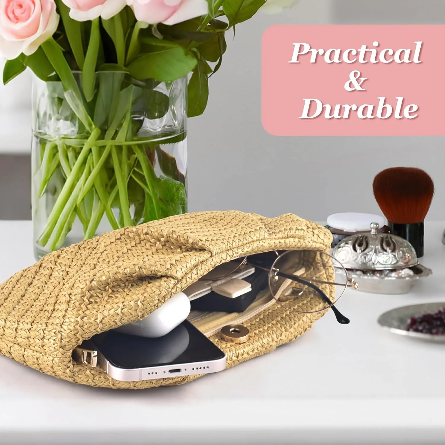 ERKOON Straw Clutch Purse Women, 2025 Summer Beach Crossbody Shoulder Handbag Boho Woven Envelope Cloud Dumpling Pouch Bag