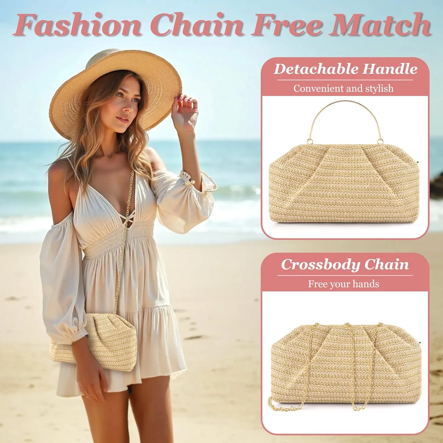 ERKOON Straw Clutch Purse Women, 2025 Summer Beach Crossbody Shoulder Handbag Boho Woven Envelope Cloud Dumpling Pouch Bag