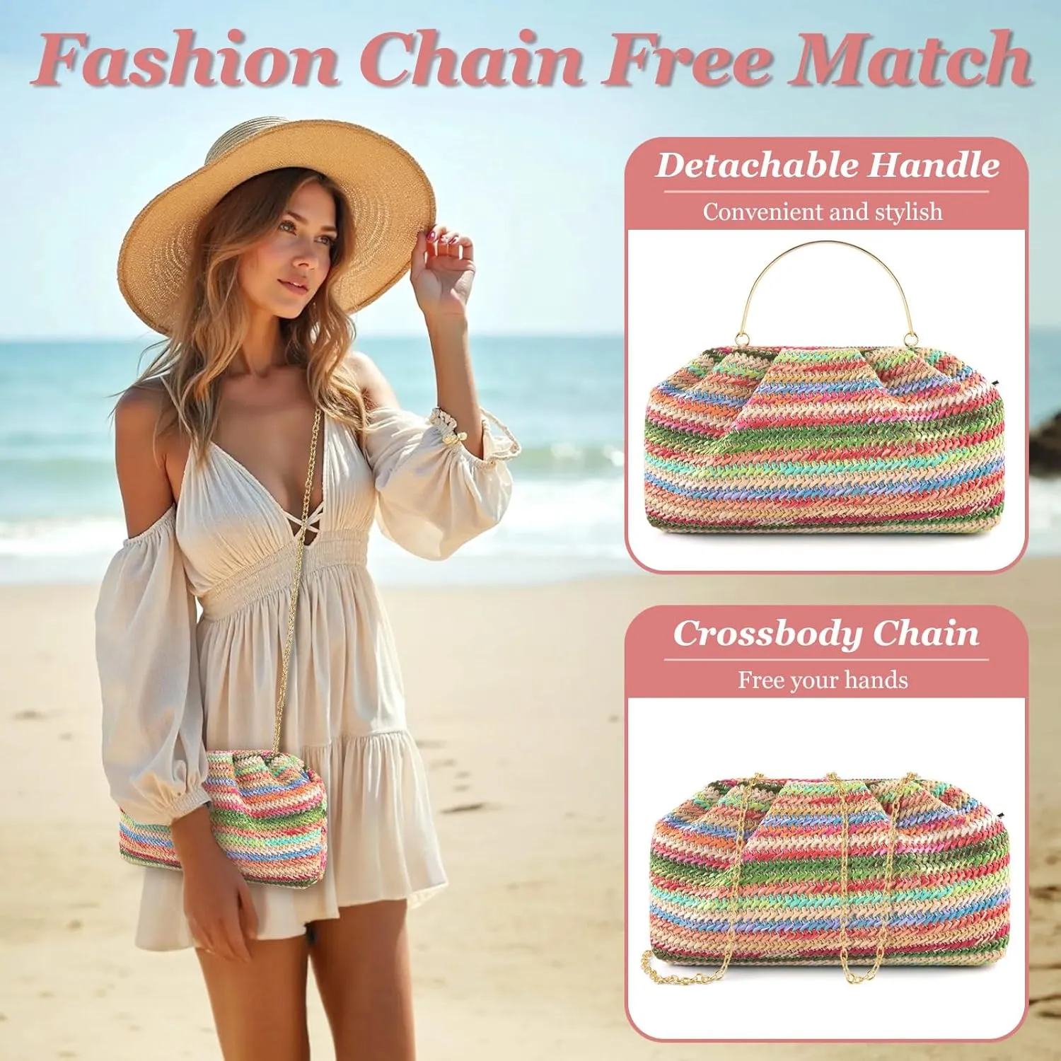 ERKOON Straw Clutch Purse Women, 2025 Summer Beach Crossbody Shoulder Handbag Boho Woven Envelope Cloud Dumpling Pouch Bag
