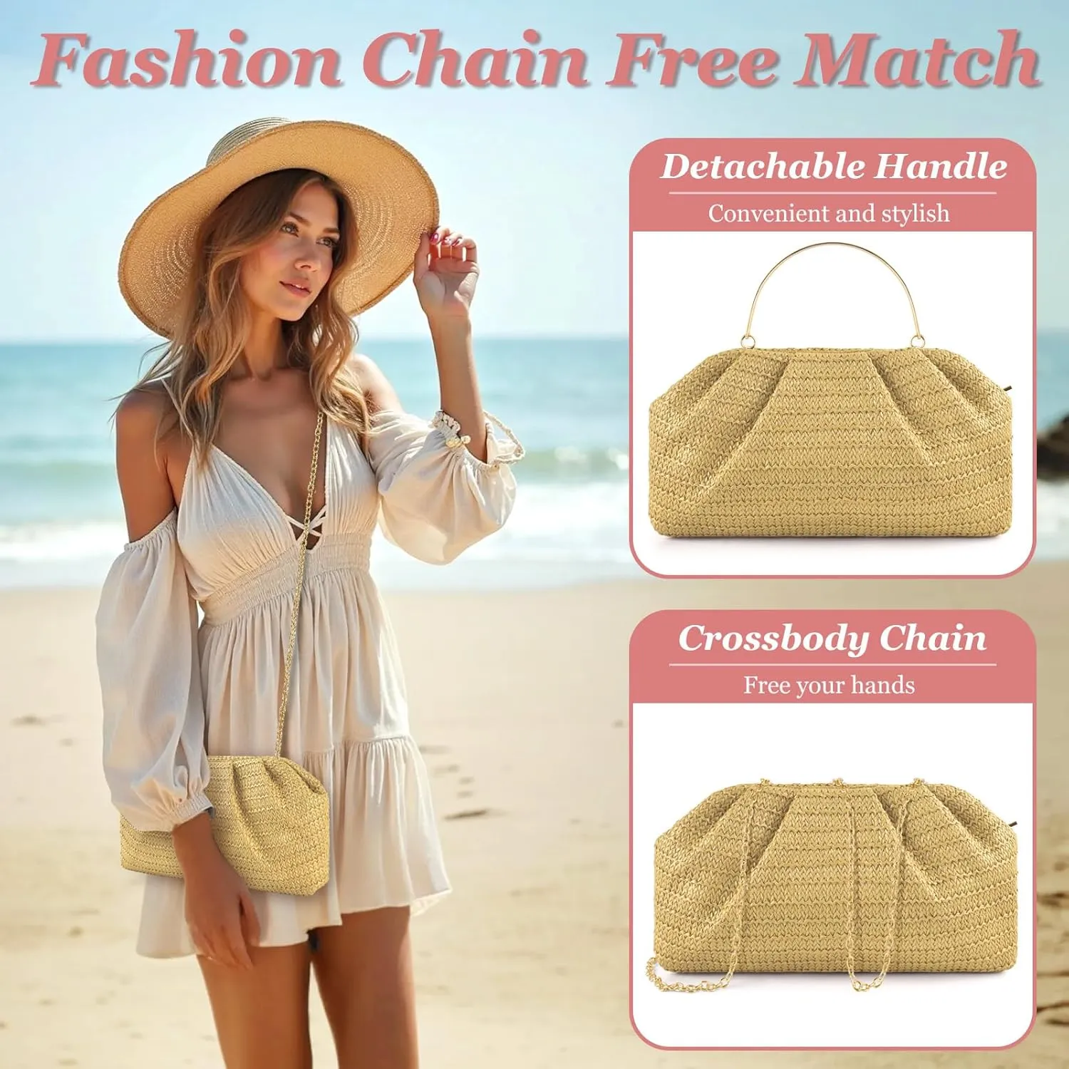 ERKOON Straw Clutch Purse Women, 2025 Summer Beach Crossbody Shoulder Handbag Boho Woven Envelope Cloud Dumpling Pouch Bag