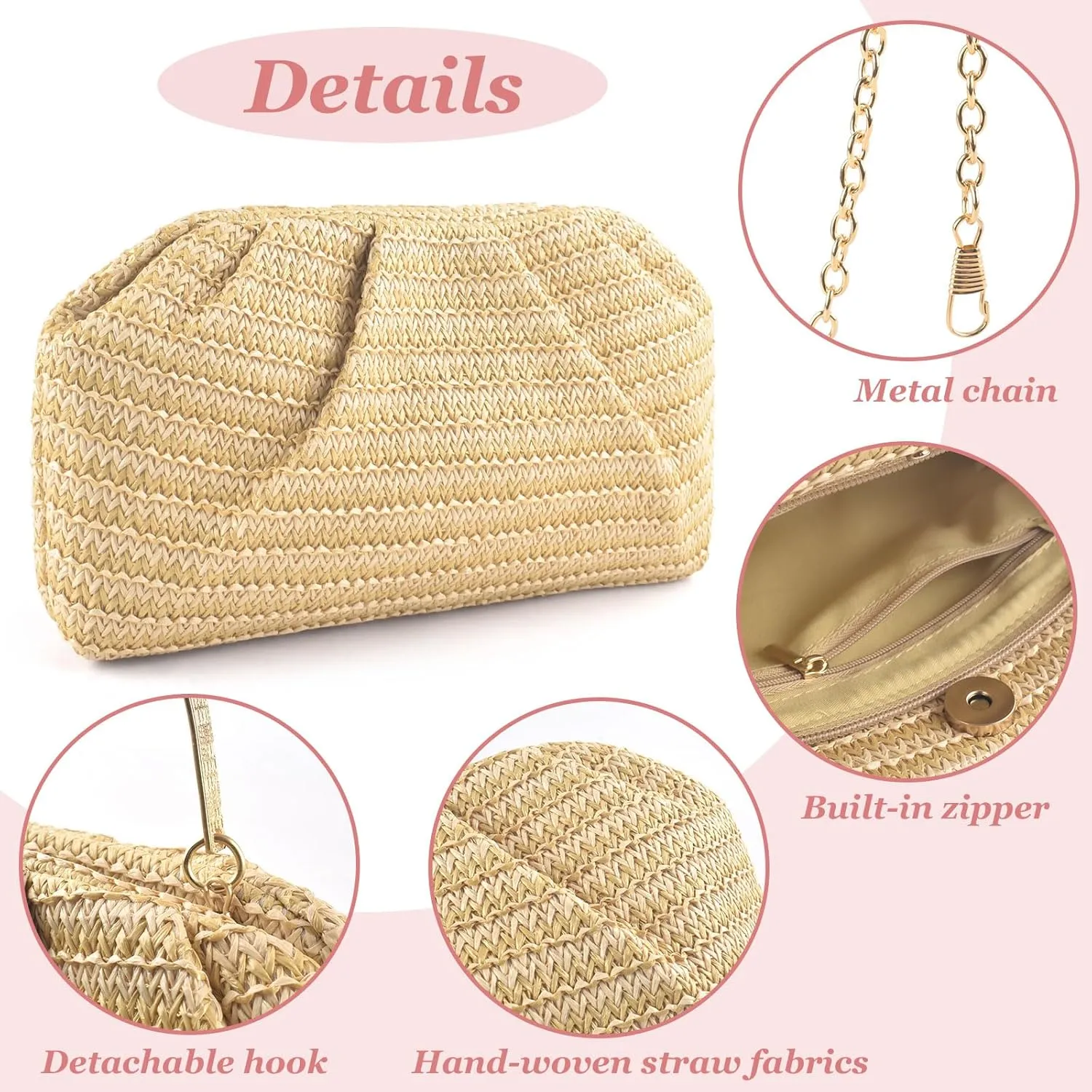 ERKOON Straw Clutch Purse Women, 2025 Summer Beach Crossbody Shoulder Handbag Boho Woven Envelope Cloud Dumpling Pouch Bag