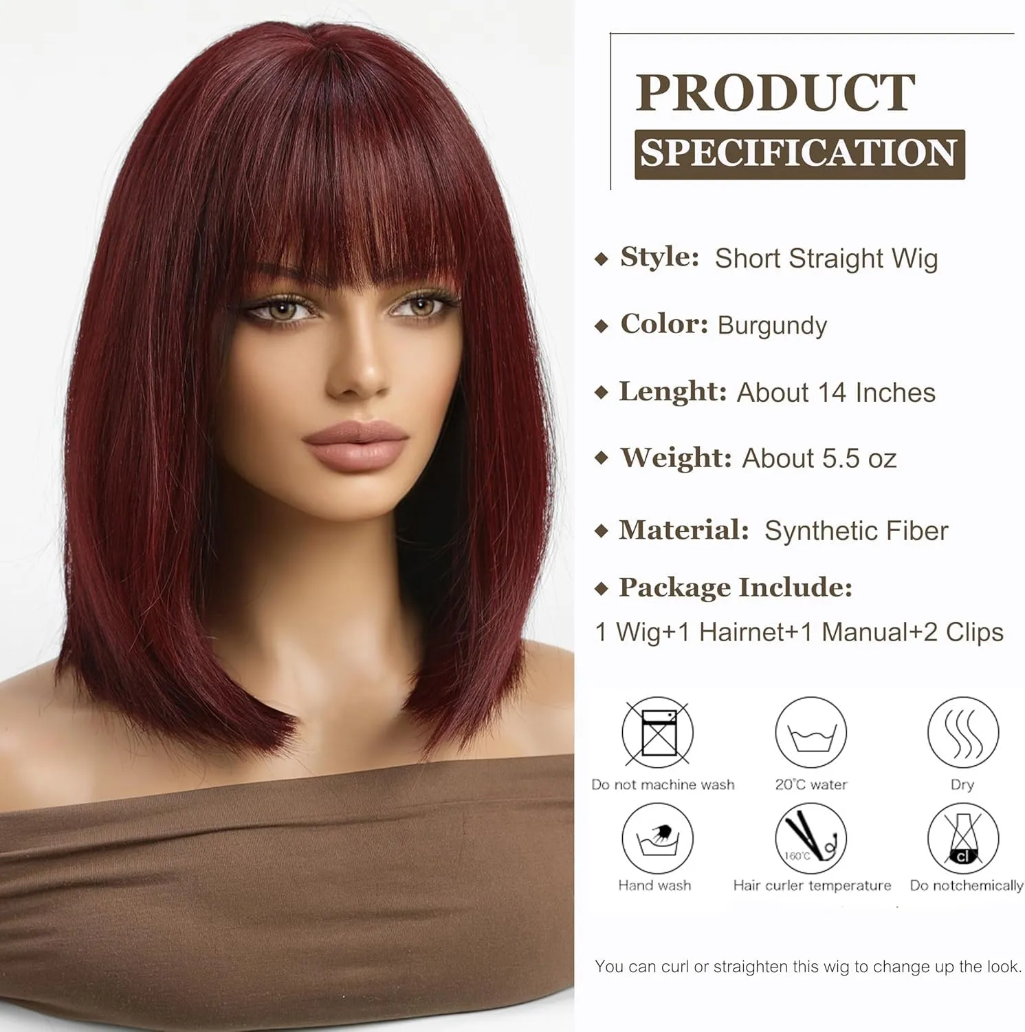 Esmee Short Straight Burgundy Bob Wigs With Fringe Shoulder Length Wig Synthetic Cosplay Wigs for Women Use 12 Inch（Red
