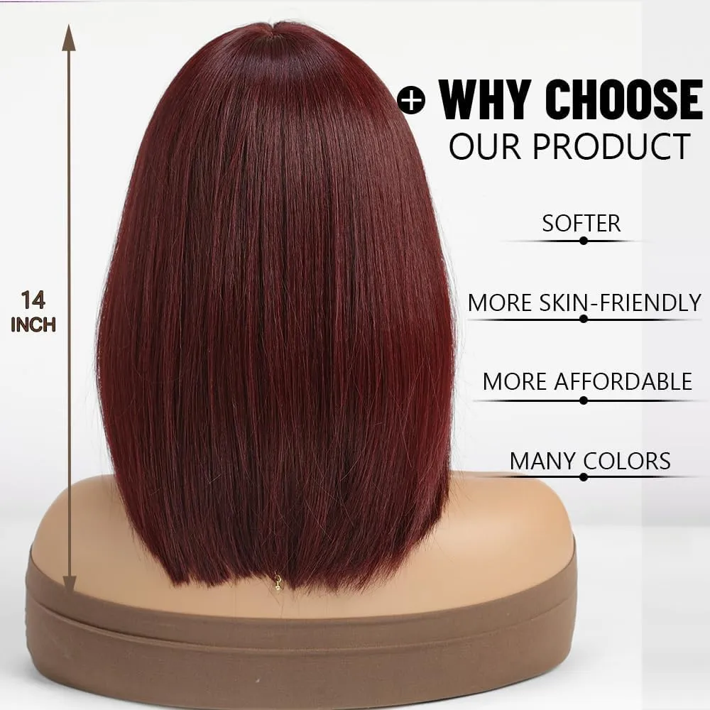 Esmee Short Straight Burgundy Bob Wigs With Fringe Shoulder Length Wig Synthetic Cosplay Wigs for Women Use 12 Inch（Red