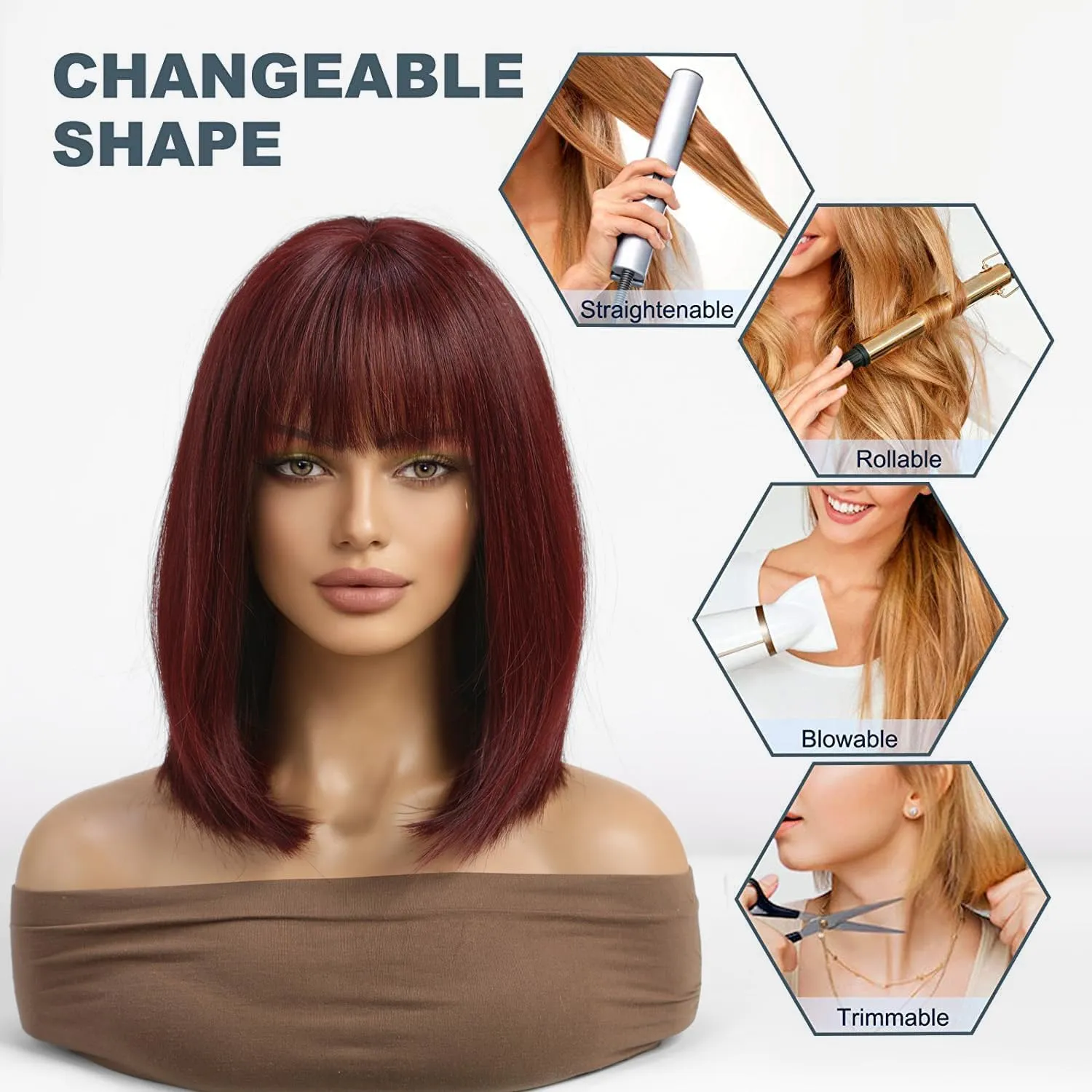 Esmee Short Straight Burgundy Bob Wigs With Fringe Shoulder Length Wig Synthetic Cosplay Wigs for Women Use 12 Inch（Red