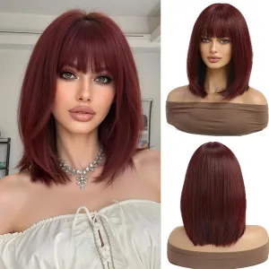 Esmee Short Straight Burgundy Bob Wigs With Fringe Shoulder Length Wig Synthetic Cosplay Wigs for Women Use 12 Inch（Red