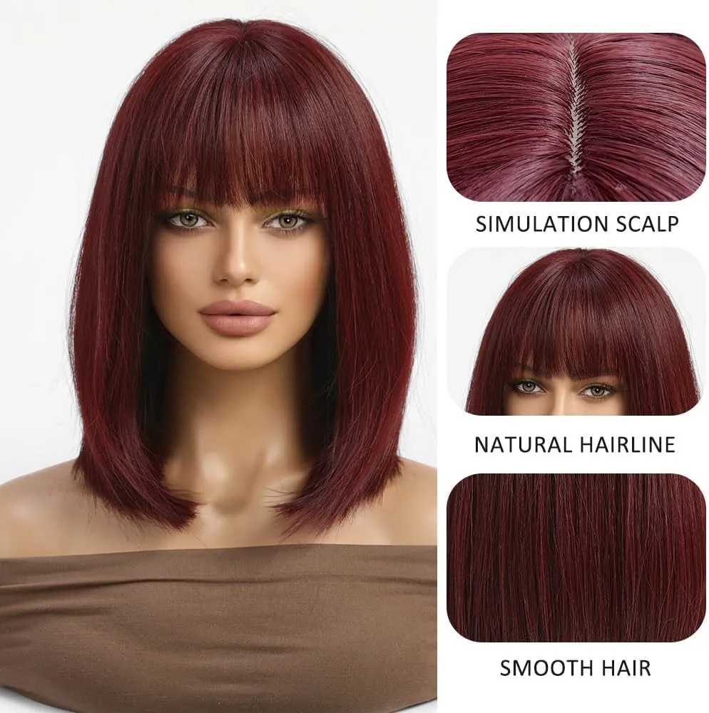 Esmee Short Straight Burgundy Bob Wigs With Fringe Shoulder Length Wig Synthetic Cosplay Wigs for Women Use 12 Inch（Red