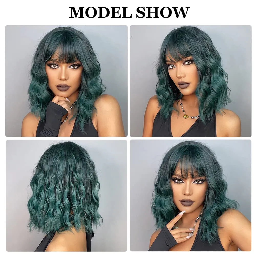 Esmee Short Wave Green Bob Wigs With Fringe Shoulder Length Ombre Wig Curly Wavy Synthetic Cosplay Wigs for Women 14 Inches