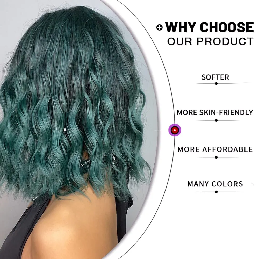 Esmee Short Wave Green Bob Wigs With Fringe Shoulder Length Ombre Wig Curly Wavy Synthetic Cosplay Wigs for Women 14 Inches