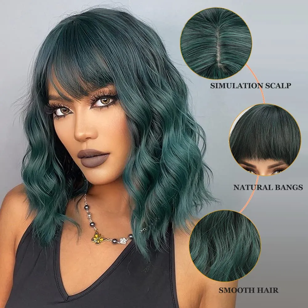 Esmee Short Wave Green Bob Wigs With Fringe Shoulder Length Ombre Wig Curly Wavy Synthetic Cosplay Wigs for Women 14 Inches