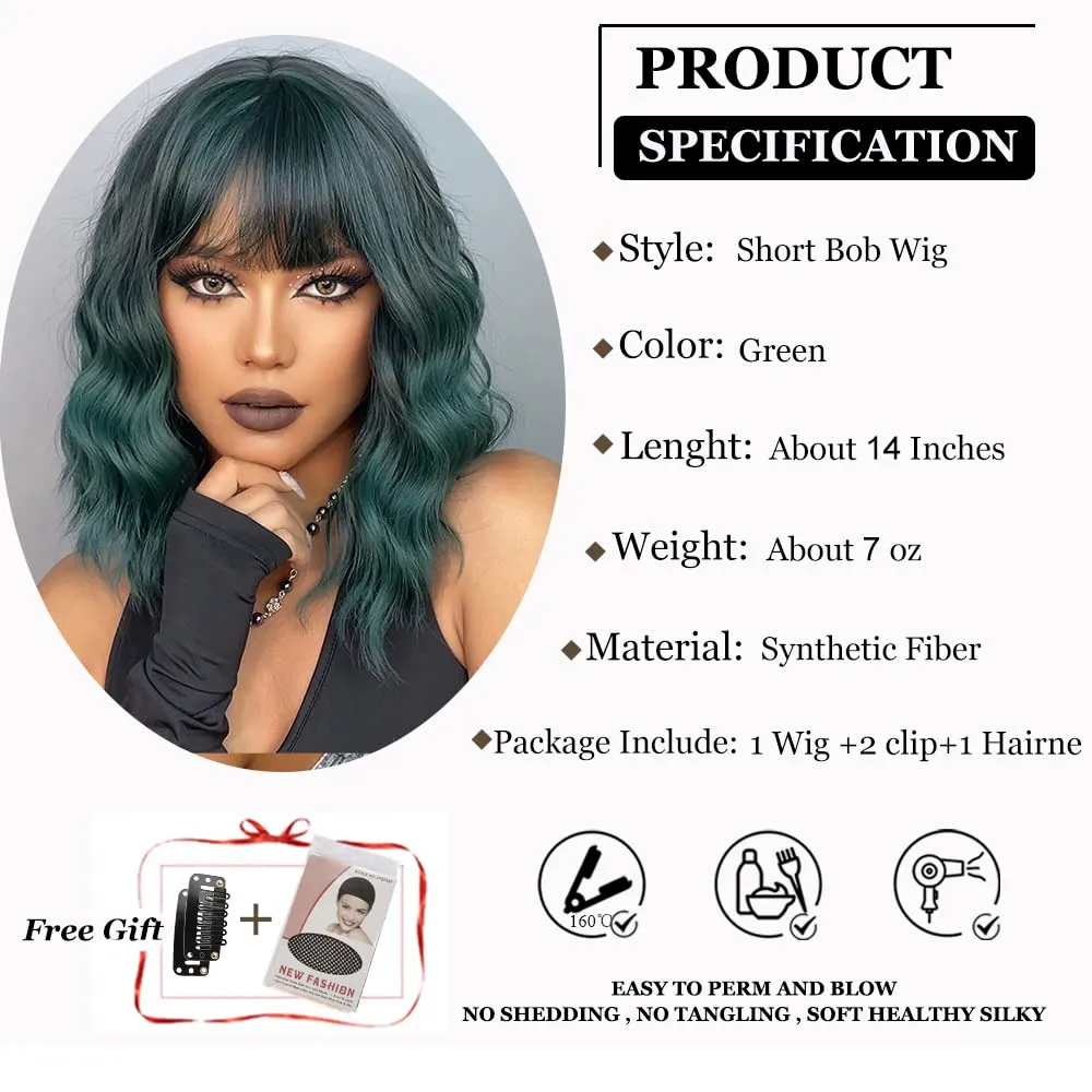 Esmee Short Wave Green Bob Wigs With Fringe Shoulder Length Ombre Wig Curly Wavy Synthetic Cosplay Wigs for Women 14 Inches