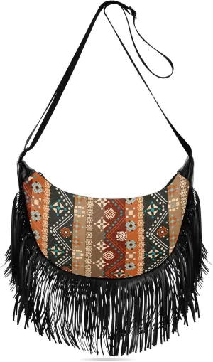 Ethnic Boho Art Brown Fringe Bag for Women Cross Body Bag Tassel Shoulder Bag Satchel