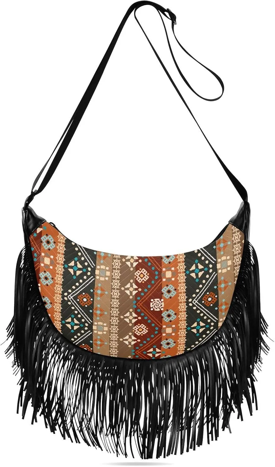 Ethnic Boho Art Brown Fringe Bag for Women Cross Body Bag Tassel Shoulder Bag Satchel
