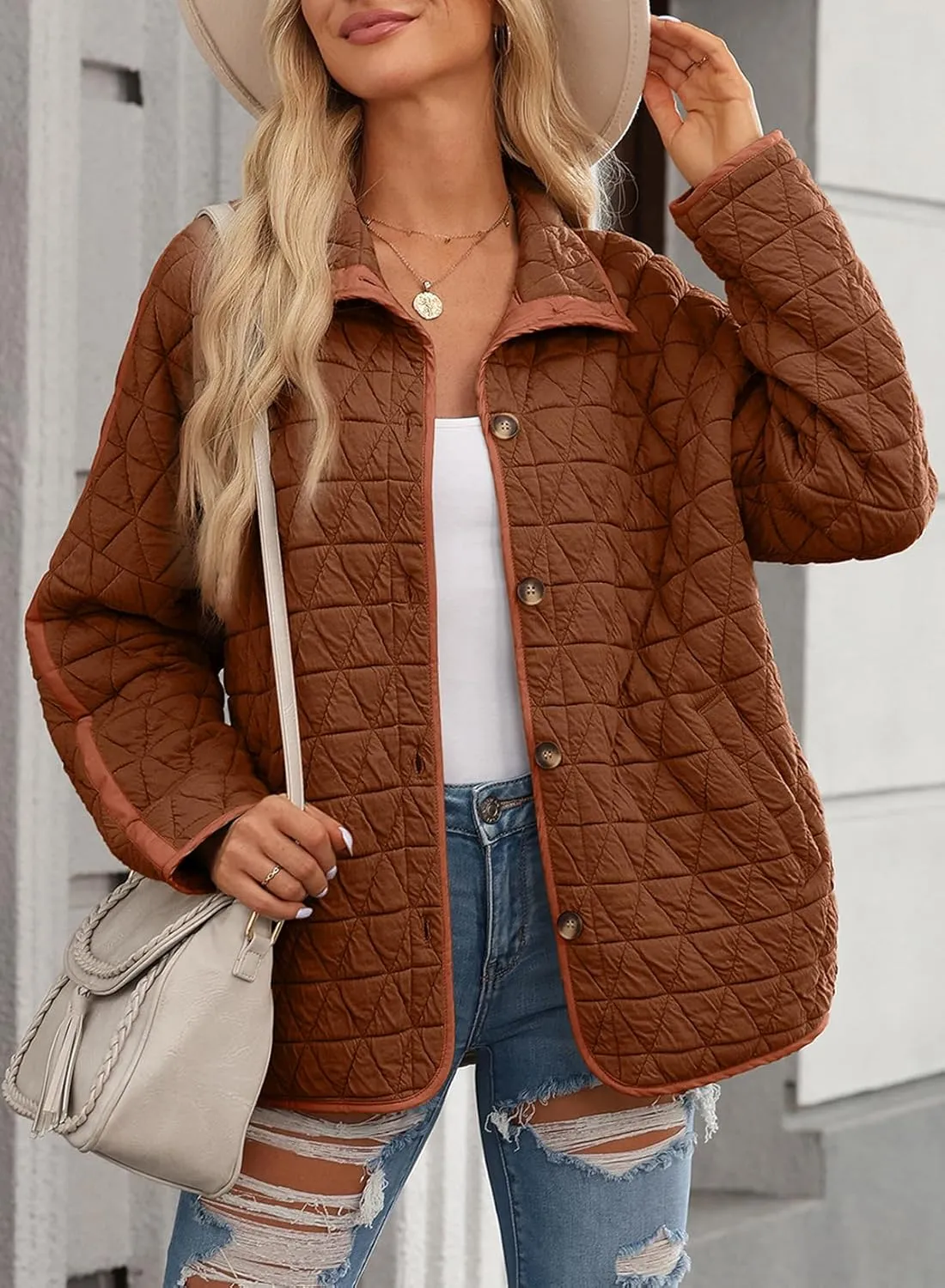 EVALESS Women's Lightweight Diamond Quilted Jacket Casual Winter Open Front Button Down Puffer Coat Outwear Cardigan