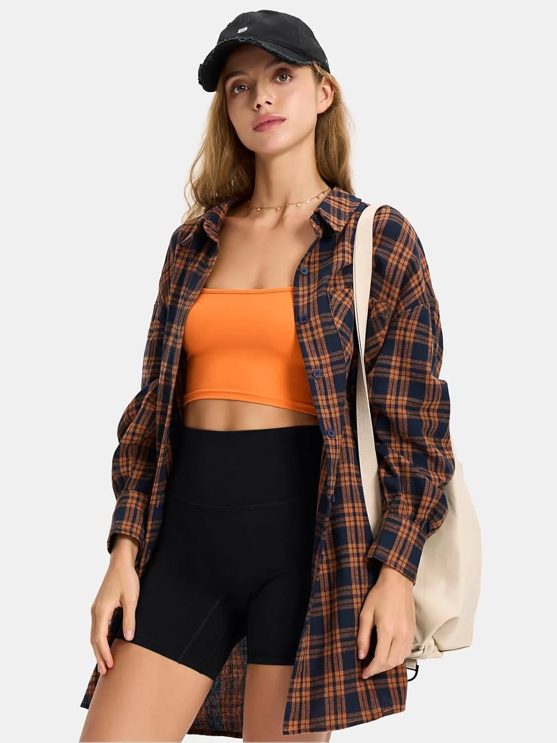 EXLURA Womens Plaid Flannel Shacket Long Sleeve Button Down Shirts Long Jackets Oversized Spring Fashion Outfits 2025 Clothes