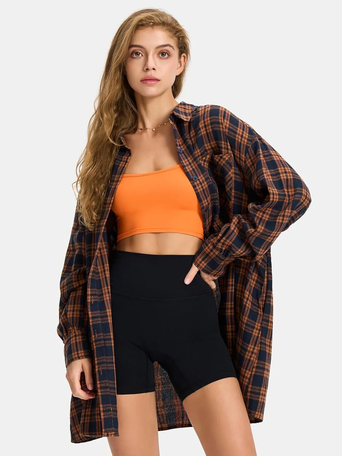 EXLURA Womens Plaid Flannel Shacket Long Sleeve Button Down Shirts Long Jackets Oversized Spring Fashion Outfits 2025 Clothes