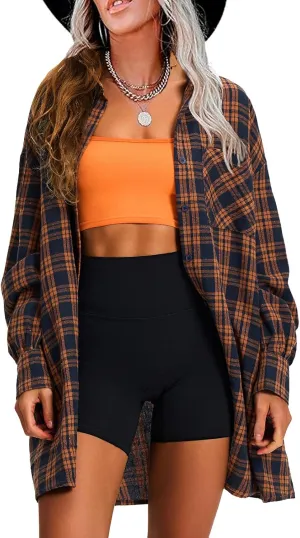 EXLURA Womens Plaid Flannel Shacket Long Sleeve Button Down Shirts Long Jackets Oversized Spring Fashion Outfits 2025 Clothes
