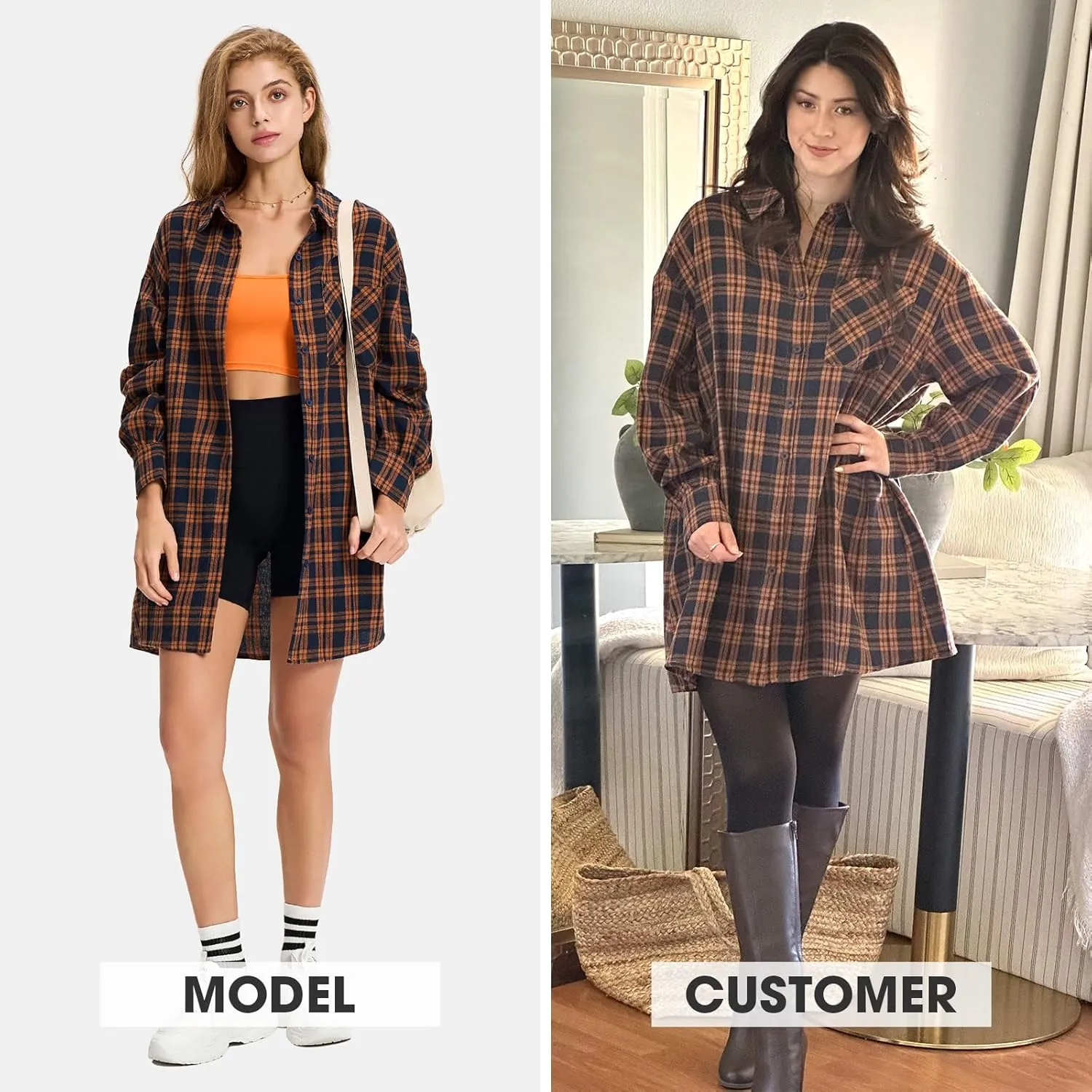 EXLURA Womens Plaid Flannel Shacket Long Sleeve Button Down Shirts Long Jackets Oversized Spring Fashion Outfits 2025 Clothes
