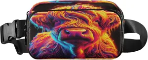 Exnundod Fanny Packs for Women & Men Neon 3d Highland Cattle, Waist Pack Beautiful Cow Crossbody Bags Belt Adjustable Strap for Running Hiking Workout