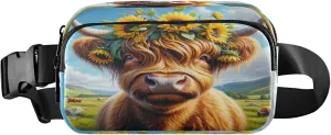 Exnundod Fanny Packs for Women & Men Sunflowers Highland Cow, Waist Pack Meadow Scotland Cattle Crossbody Bags Belt Adjustable Strap for Running Hiking Workout