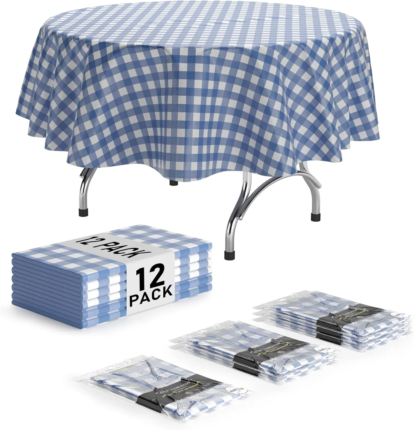 Exquisite Picnic Table Cover - 12 Pack Premium Round Plastic Tablecloth - Dark Blue & White Checkered BBQ Table Cover - Gingham Checkerboard Disposable Tablecloth 84 inch. Round