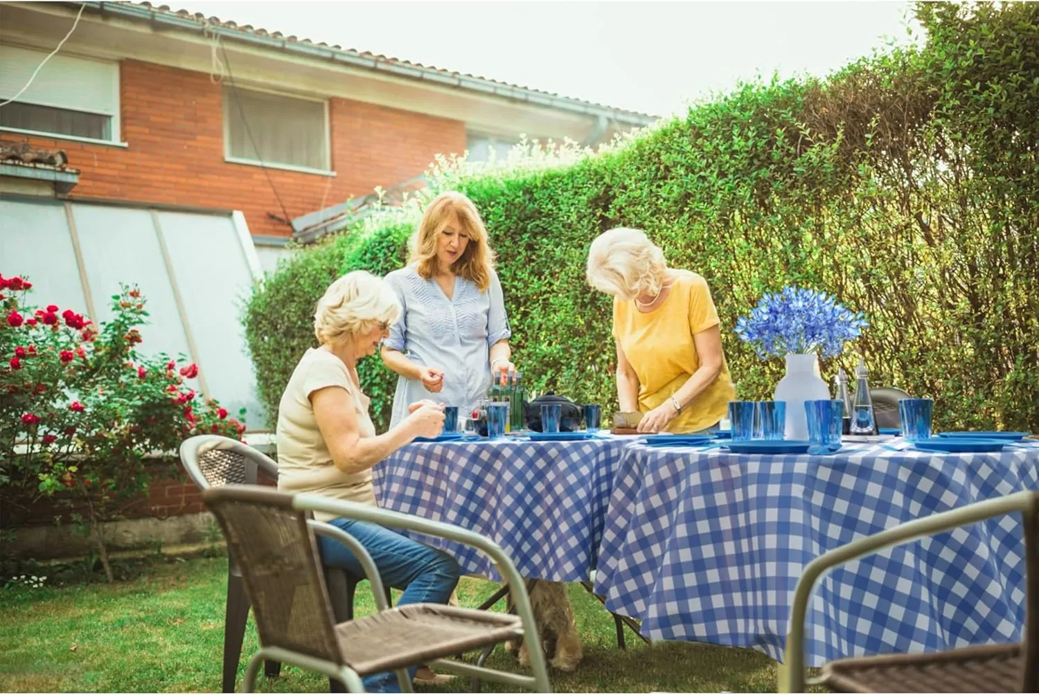 Exquisite Picnic Table Cover - 12 Pack Premium Round Plastic Tablecloth - Dark Blue & White Checkered BBQ Table Cover - Gingham Checkerboard Disposable Tablecloth 84 inch. Round