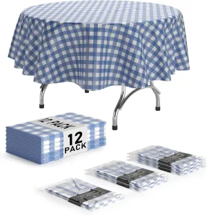 Exquisite Picnic Table Cover - 12 Pack Premium Round Plastic Tablecloth - Dark Blue & White Checkered BBQ Table Cover - Gingham Checkerboard Disposable Tablecloth 84 inch. Round