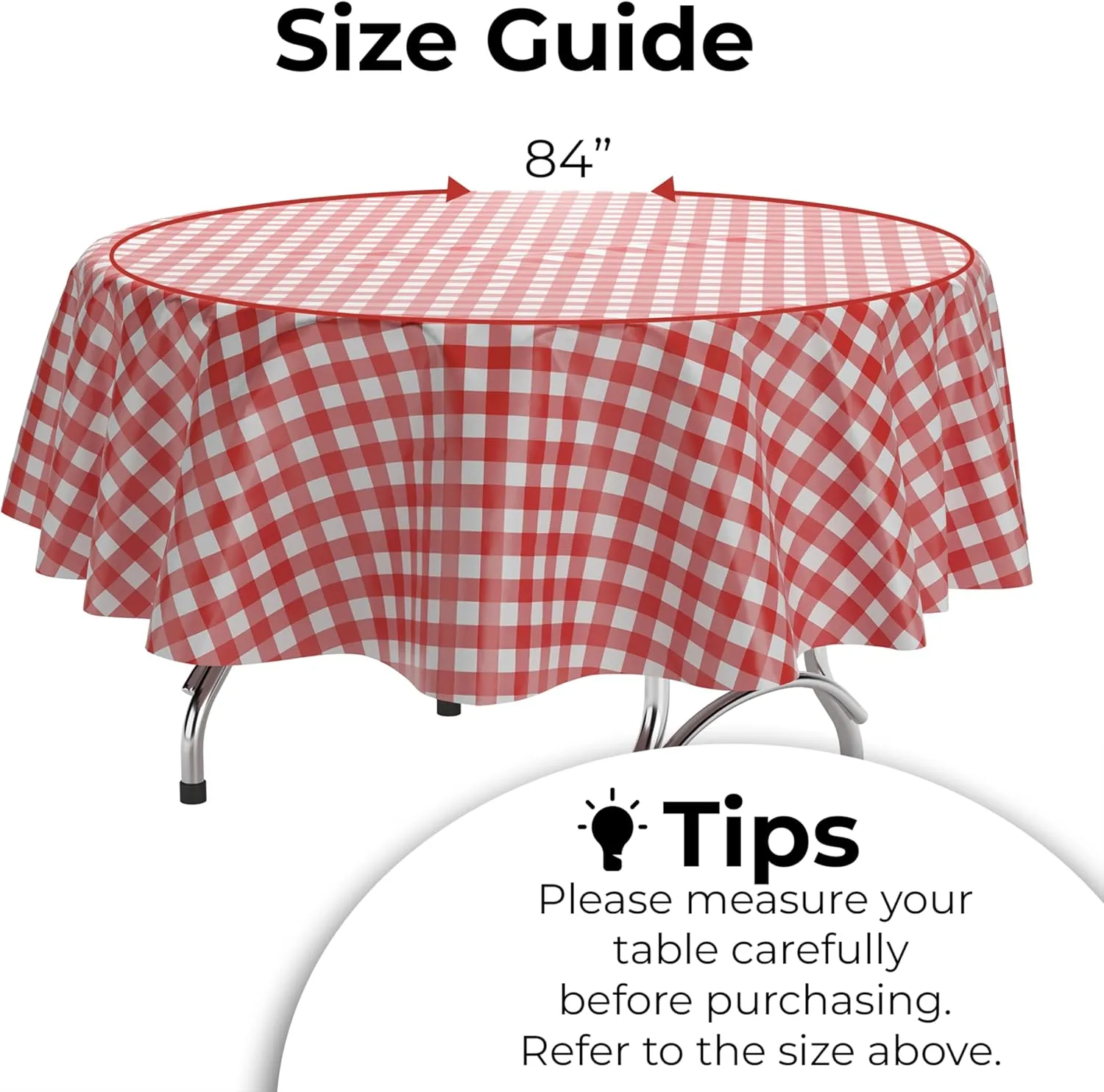 Exquisite Picnic Table Cover - 12 Pack Premium Round Tablecloth - Red & White Checkered BBQ Plastic Table Cover - Gingham Checkerboard Disposable Plastic Tablecloth 84 inch. Round