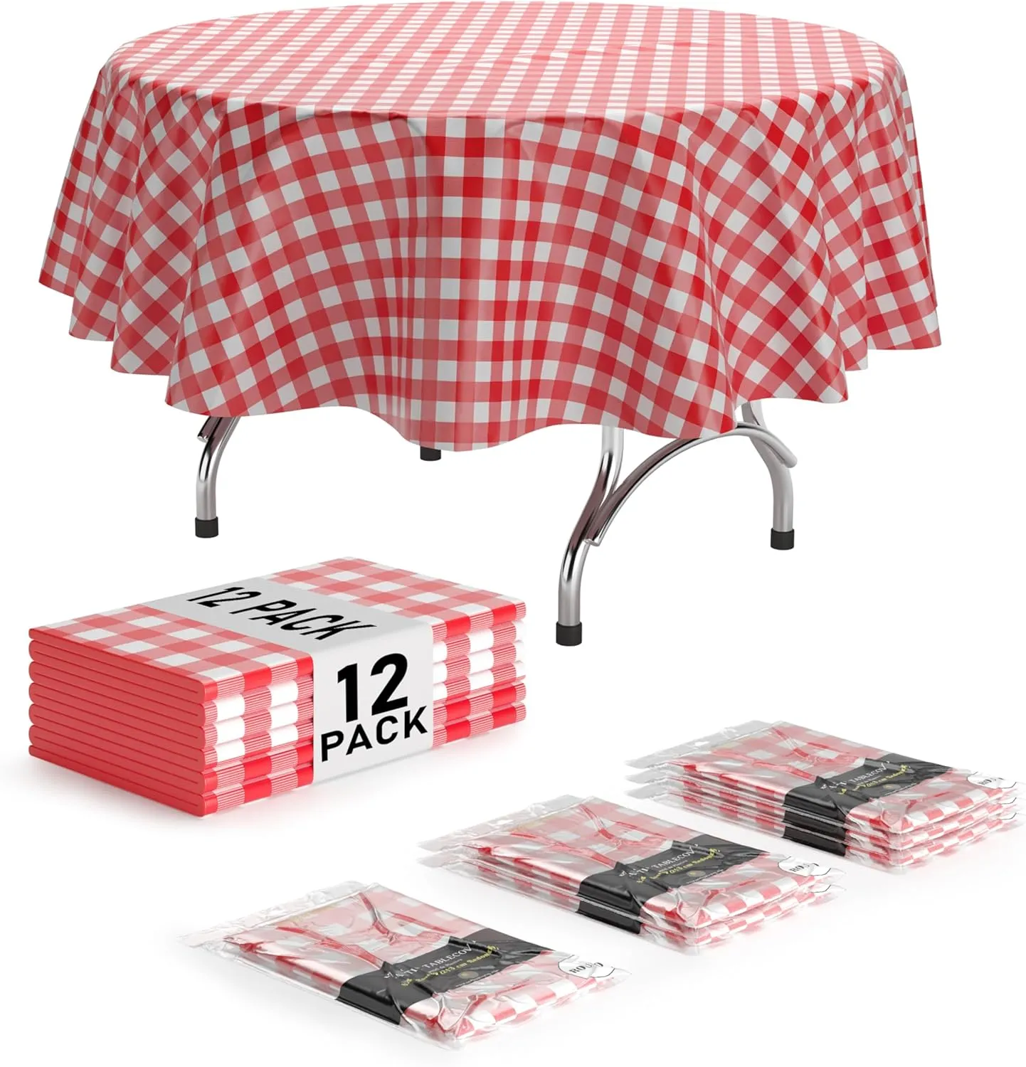 Exquisite Picnic Table Cover - 12 Pack Premium Round Tablecloth - Red & White Checkered BBQ Plastic Table Cover - Gingham Checkerboard Disposable Plastic Tablecloth 84 inch. Round