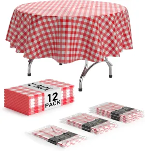 Exquisite Picnic Table Cover - 12 Pack Premium Round Tablecloth - Red & White Checkered BBQ Plastic Table Cover - Gingham Checkerboard Disposable Plastic Tablecloth 84 inch. Round
