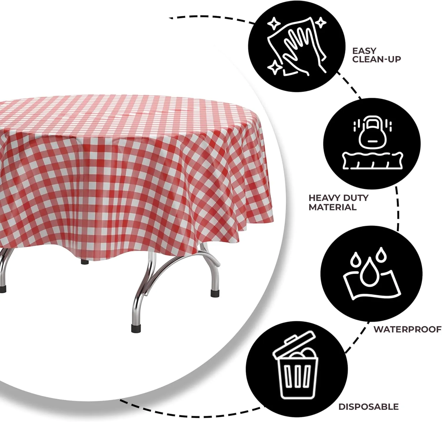 Exquisite Picnic Table Cover - 12 Pack Premium Round Tablecloth - Red & White Checkered BBQ Plastic Table Cover - Gingham Checkerboard Disposable Plastic Tablecloth 84 inch. Round