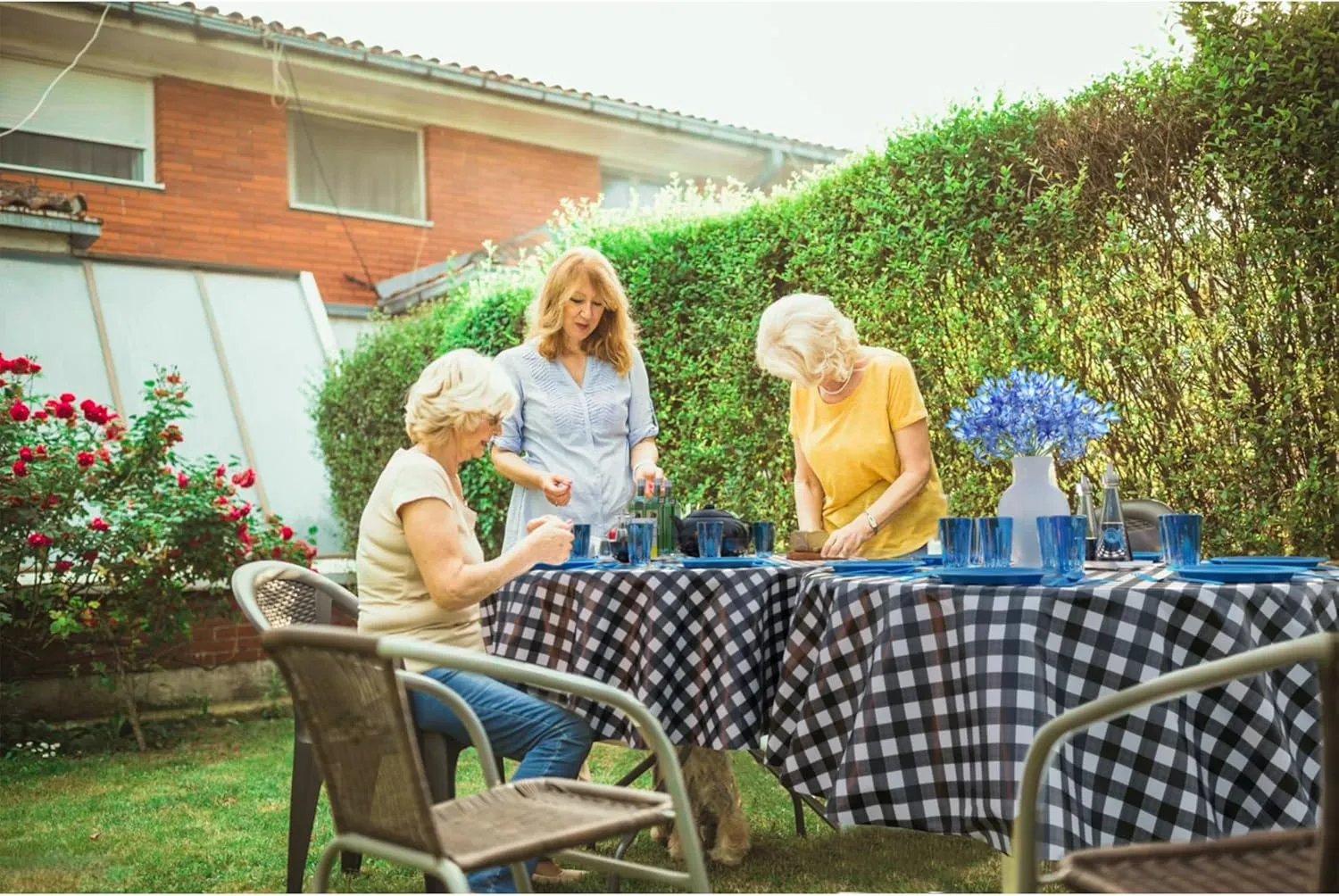 Exquisite Picnic Table Cover - 12 Pack Round Premium Black & White Checkered BBQ Table Cover - Gingham Checkerboard Disposable Plastic Tablecloth 84 inch