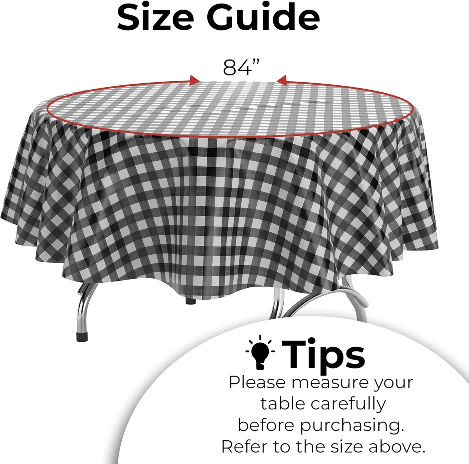 Exquisite Picnic Table Cover - 12 Pack Round Premium Black & White Checkered BBQ Table Cover - Gingham Checkerboard Disposable Plastic Tablecloth 84 inch