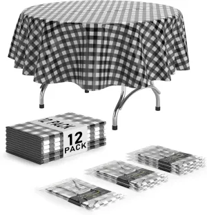 Exquisite Picnic Table Cover - 12 Pack Round Premium Black & White Checkered BBQ Table Cover - Gingham Checkerboard Disposable Plastic Tablecloth 84 inch