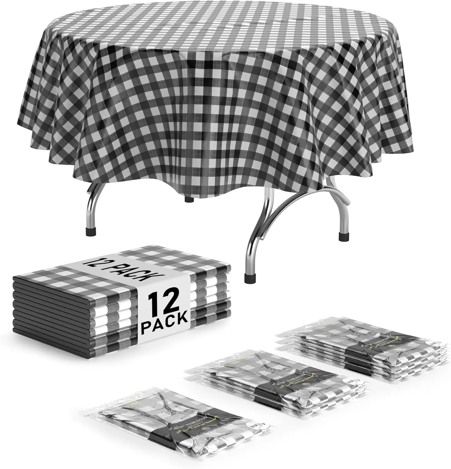 Exquisite Picnic Table Cover - 12 Pack Round Premium Black & White Checkered BBQ Table Cover - Gingham Checkerboard Disposable Plastic Tablecloth 84 inch