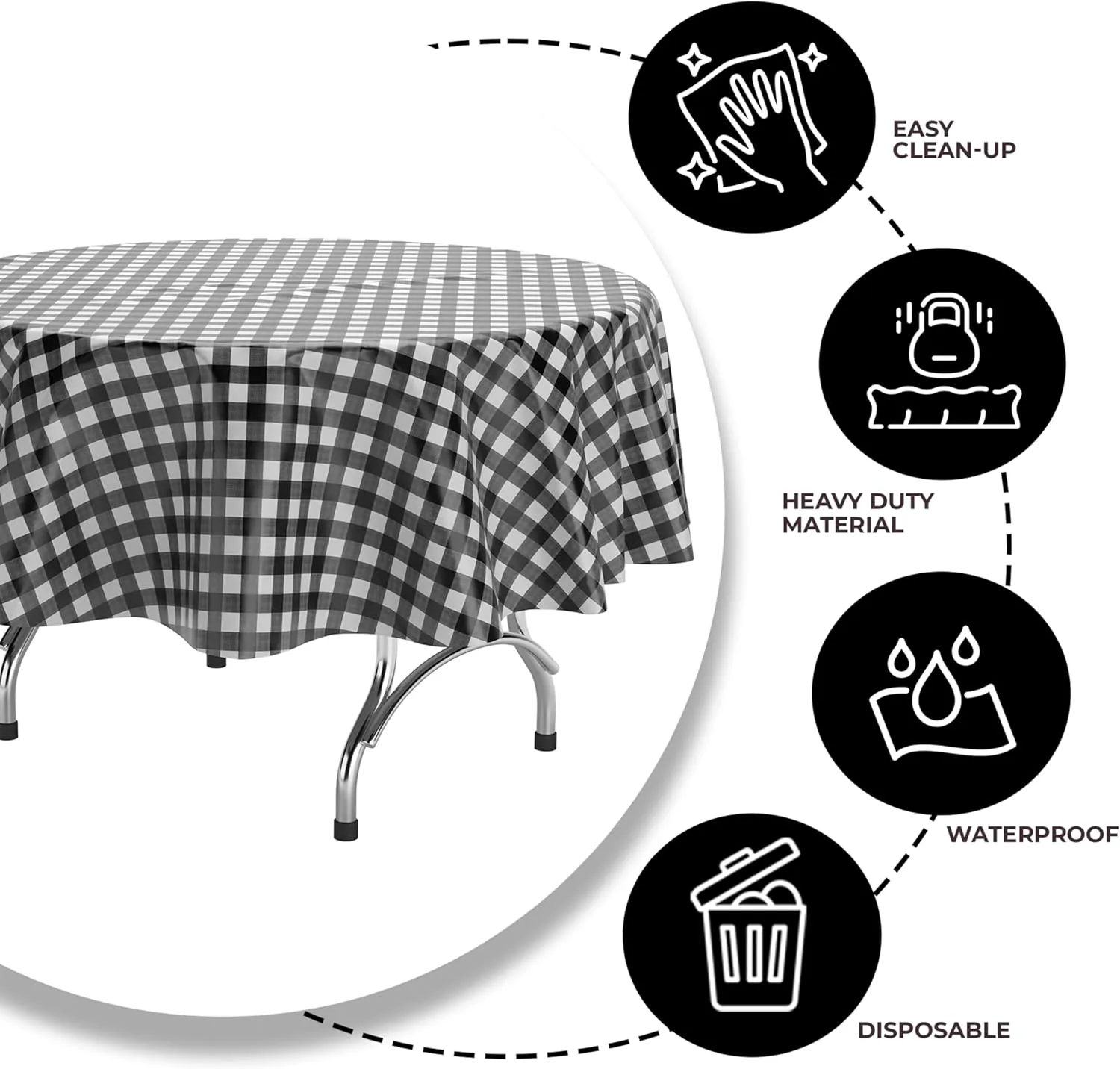 Exquisite Picnic Table Cover - 12 Pack Round Premium Black & White Checkered BBQ Table Cover - Gingham Checkerboard Disposable Plastic Tablecloth 84 inch