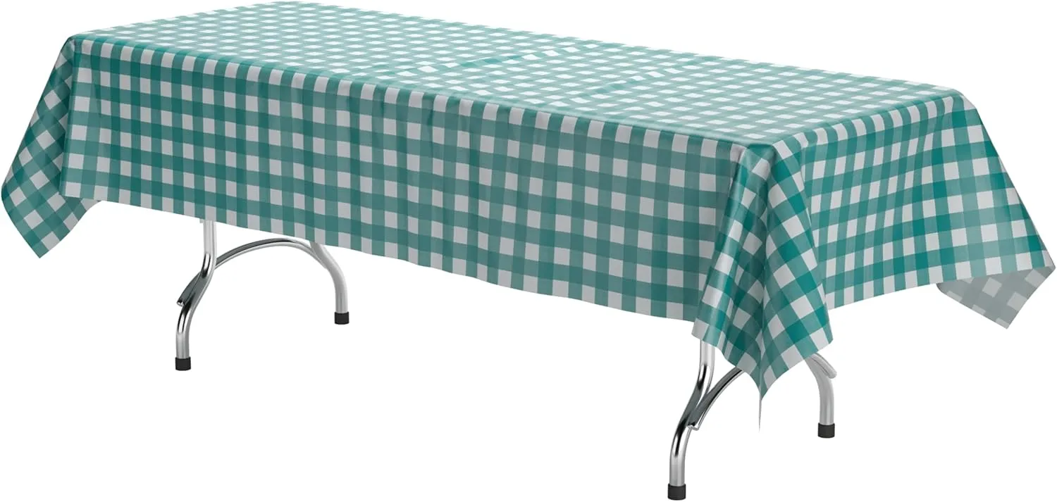 Exquisite Picnic Table Cover - 6 Pack Premium Rectangle Plastic Tablecloth - Teal & White Checkered BBQ Table Cover - Gingham Checkerboard Disposable Plastic Tablecloth 54" x 108" Rectangle