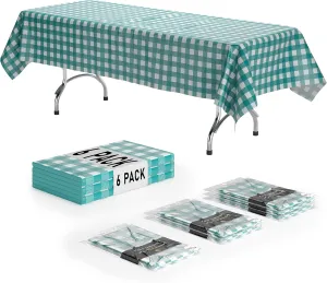 Exquisite Picnic Table Cover - 6 Pack Premium Rectangle Plastic Tablecloth - Teal & White Checkered BBQ Table Cover - Gingham Checkerboard Disposable Plastic Tablecloth 54" x 108" Rectangle