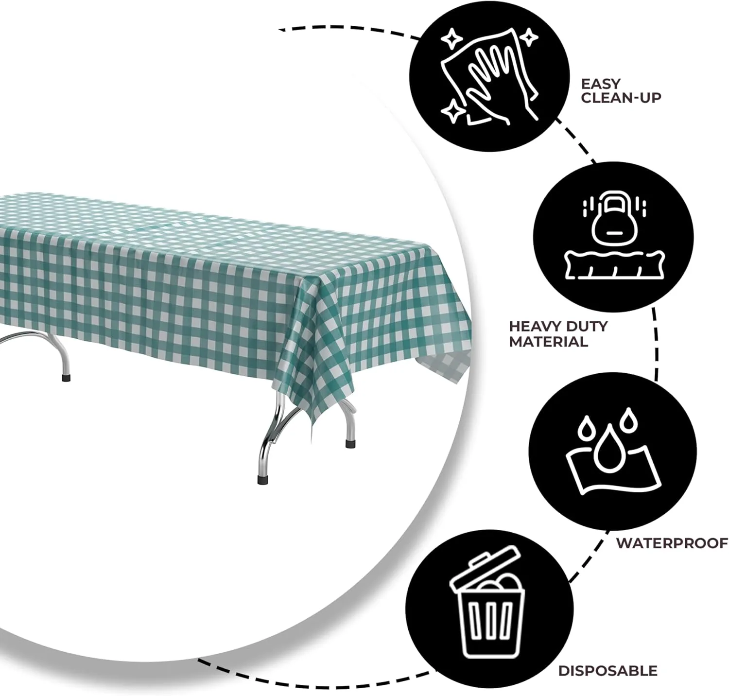 Exquisite Picnic Table Cover - 6 Pack Premium Rectangle Plastic Tablecloth - Teal & White Checkered BBQ Table Cover - Gingham Checkerboard Disposable Plastic Tablecloth 54" x 108" Rectangle