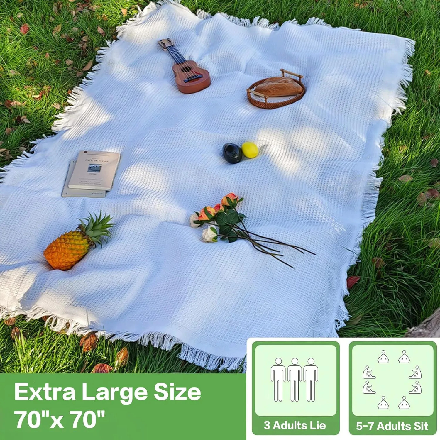 Extra Large Picnic Outdoor Blanket, 70''x 70'' Foldable Blankets Gingham Picnic Mat for Beach, Camping Grass Lawn (Cream)